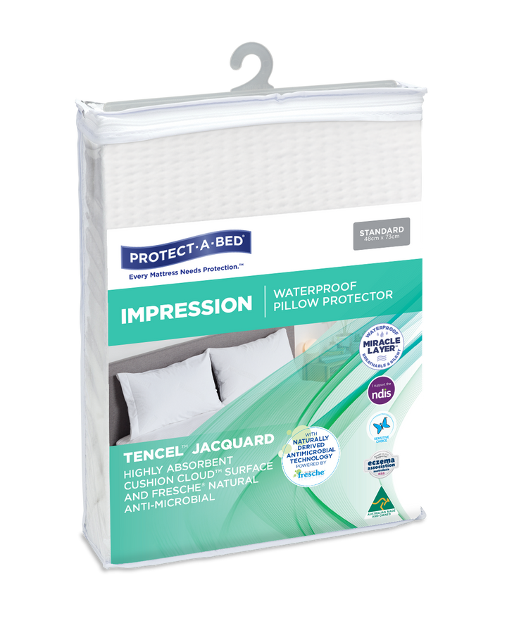 Protect-A-Bed Impression Tencel Jacquard Manchester pillow protector displayed in a standard pack, showcasing soft, durable fabric.