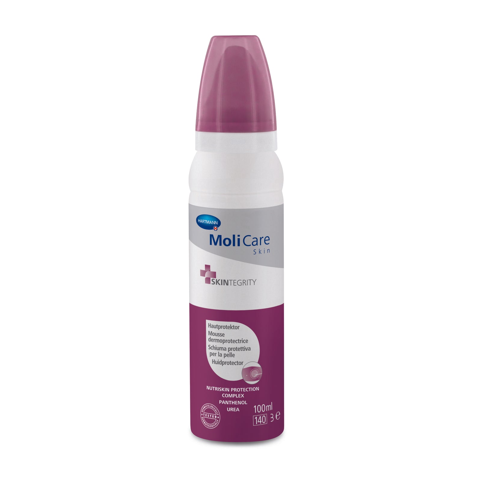 MoliCare Skin Protect Foam bottle with a pump, showcasing the product label and foam texture against a neutral background.