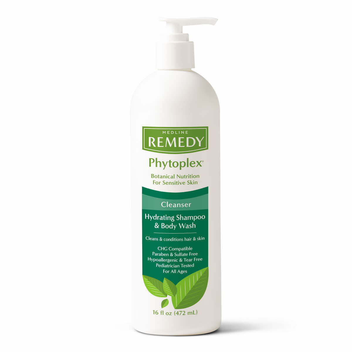 Medline Remedy Phytoplex hydrating shampoo and body wash bottle, 472ml, with a clean, soothing design and label details.