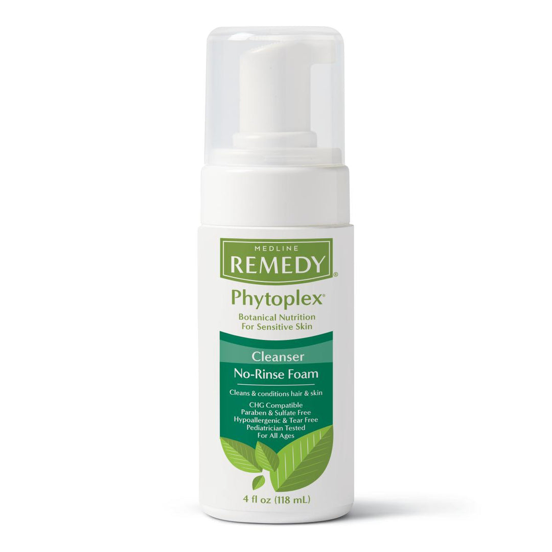 Medline Remedy Phytoplex Cleansing No-Rinse Foam for skin care, showing the foam cleanser in a pump bottle with label.
