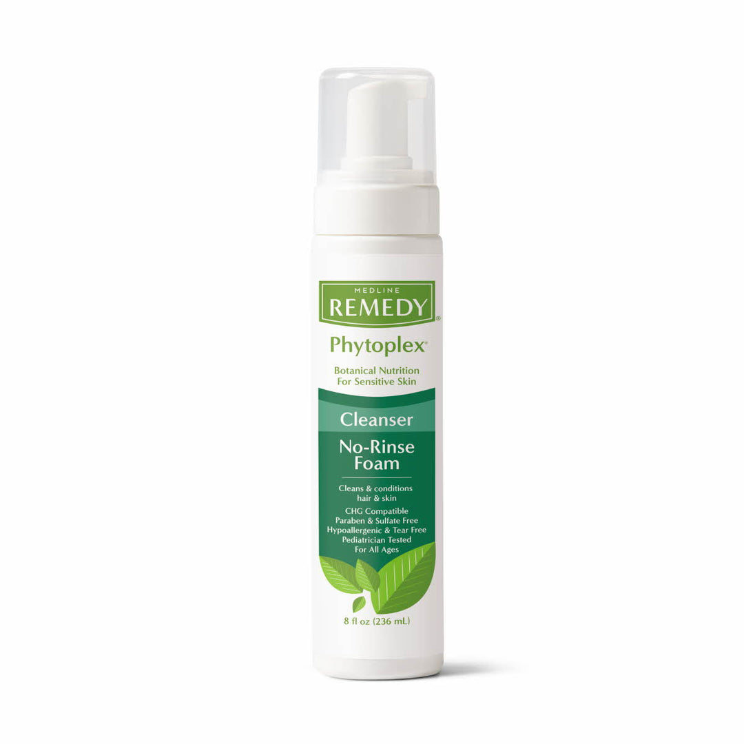 Medline Remedy Phytoplex Cleansing No-Rinse Foam for skin care, showing the 236ml bottle with foam dispenser and label.