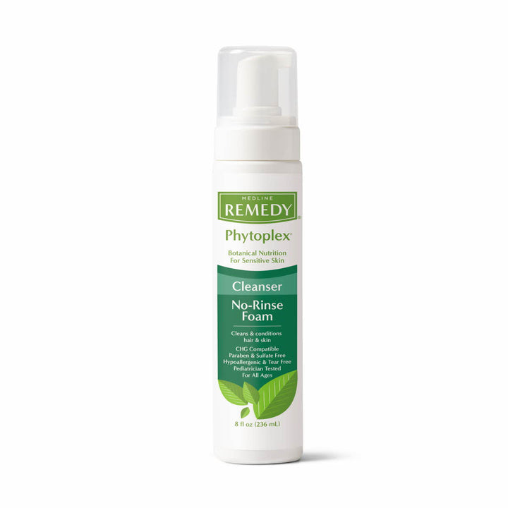 Medline Remedy Phytoplex Cleansing No-Rinse Foam for skin care, showing the 236ml bottle with foam dispenser and label.