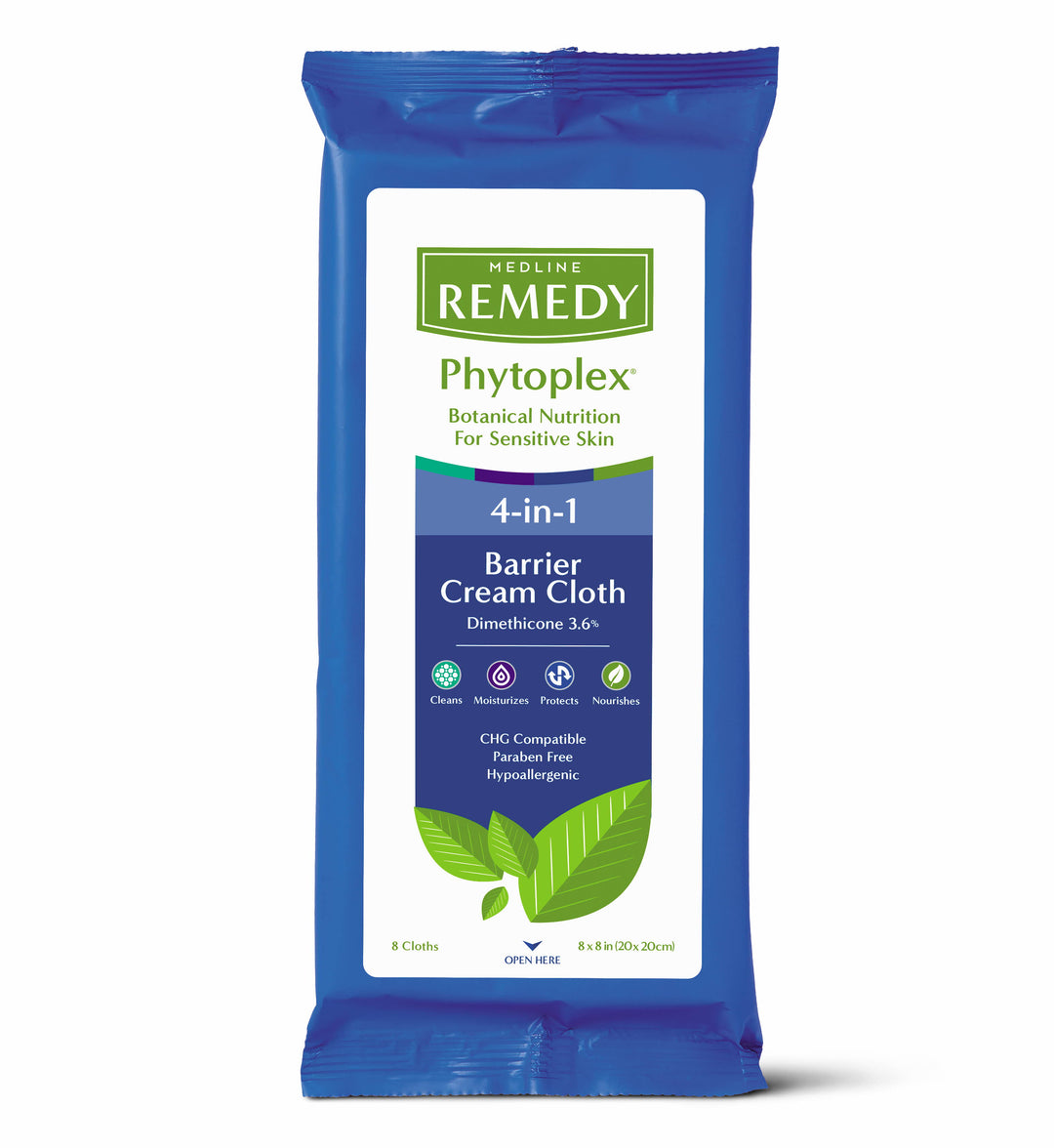 Medline Remedy Phytoplex cloths with dimethicone barrier cream in an 8-pack, showcasing the packaging and texture of the wipes.
