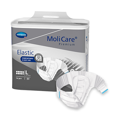 MoliCare Premium Elastic 10 Drops continence product in size L, showing the elastic design and packaging.