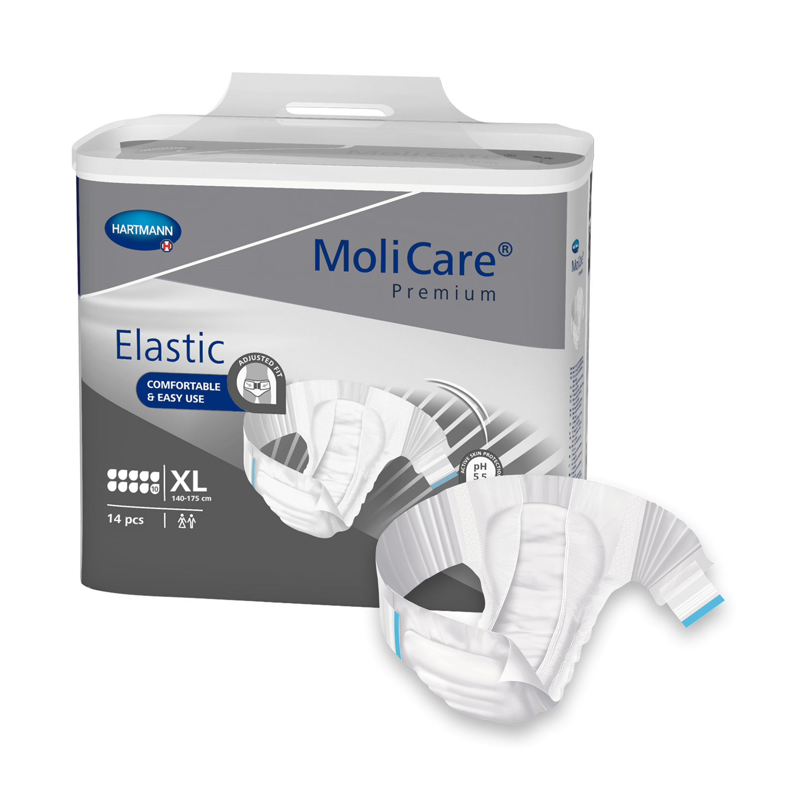 MoliCare Premium Elastic 10 Drops in XL size, showcasing soft, absorbent continence underwear with elastic fit.