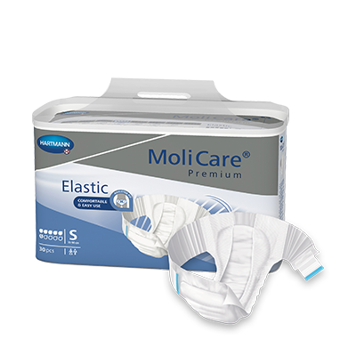 MoliCare Premium Elastic 6 Drops for continence, size S, featuring soft fabric and stretchable design for comfort.