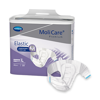 MoliCare Premium Elastic 8 Drops in size L, showcasing soft, stretchy material for comfortable continence care.