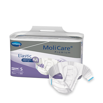 MoliCare Premium Elastic 8 Drops Size S, absorbent continence product with elastic waist for comfort and secure fit.