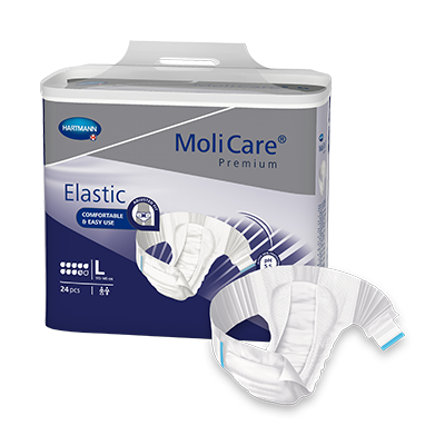 MoliCare Premium Elastic 9 Drops in size L, featuring soft, flexible fabric for comfort and secure fit for continence care.