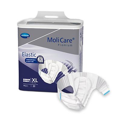 MoliCare Premium Elastic 9 Drops, size XL, showing absorbent continence underwear with elastic fit and soft material.