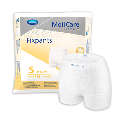 MoliCare Premium FixPants Long in size S, designed to securely hold a continence pad in place, featuring soft fabric.