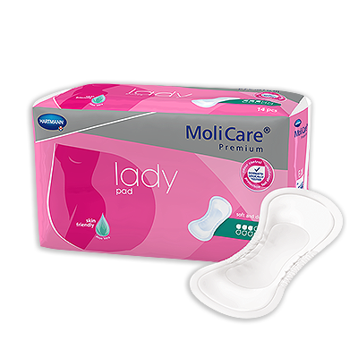 MoliCare Premium Lady Pad, designed for continence, showing soft absorbent layers and a comfortable fit for women.