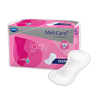 MoliCare Premium Lady Pad showing soft, absorbent design for women's continence needs with a comfortable fit.