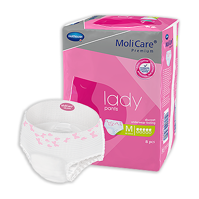 MoliCare Premium Lady Pants in a soft fabric, designed for female continence care and comfort, shown in a folded position.