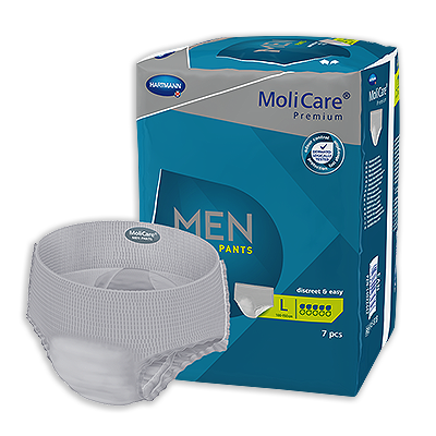 MoliCare Premium Men continence pants in size Large, white and gray with adjustable waistband for discreet protection.