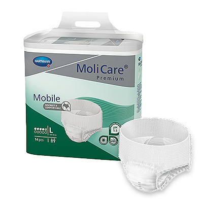 MoliCare Premium Mobile 5 Drops adult continence pads in a large size, showcasing soft, absorbent material and secure fit.