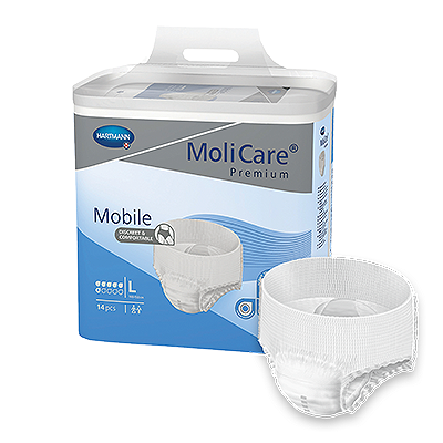 MoliCare Premium Mobile 6 Drops, large continence pads in a pack, showcasing soft, absorbent material and secure fit.