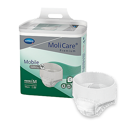 MoliCare Premium Mobile 5 Drops pack showcasing absorbent continence pads for medium protection and comfort.