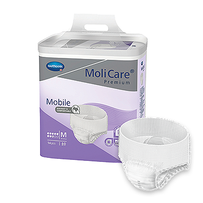 MoliCare Premium Mobile 8 Drops, medium-sized continence pads in a pack, showcasing packaging and product details.