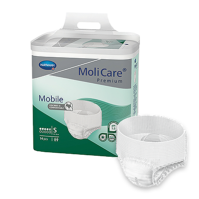 MoliCare Premium Mobile 5 Drops for continence care, featuring a discreet, absorbent design in a small size.