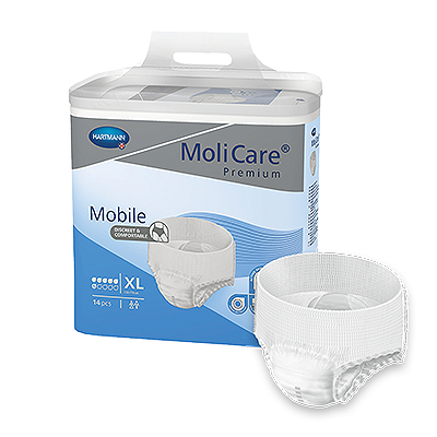 MoliCare Premium Mobile 6 Drops for continence care, featuring an XL size pack with a soft, absorbent design.