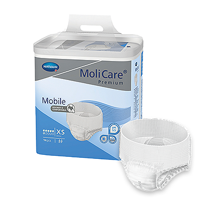 MoliCare Premium Mobile 6 Drops in a pack, designed for continence care, featuring an XSmall size for comfort and security.