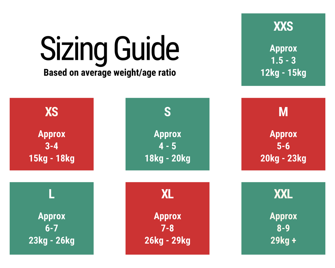 Kidsaroo No Worries Undies sizing guide with colorful graphics and size options for children's continence products.