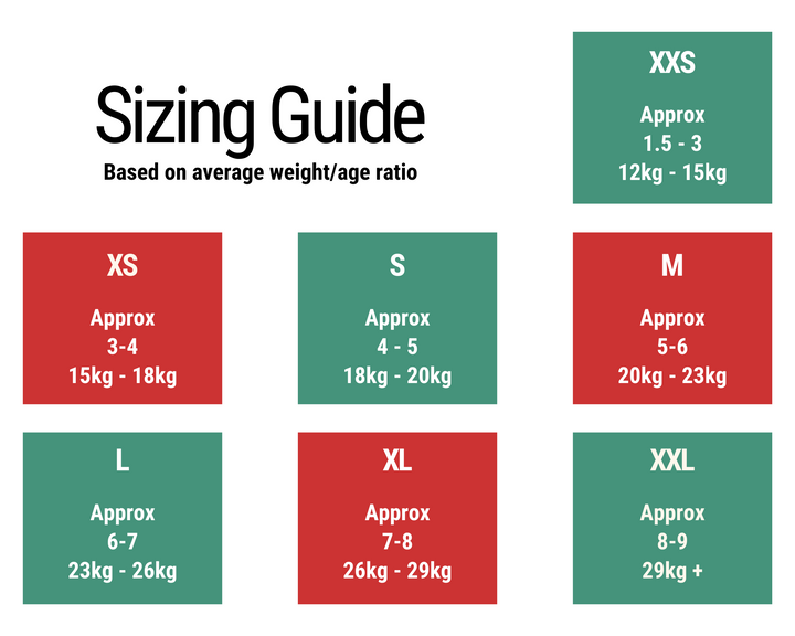 Kidsaroo No Worries Undies sizing guide with colorful graphics and size options for children's continence products.