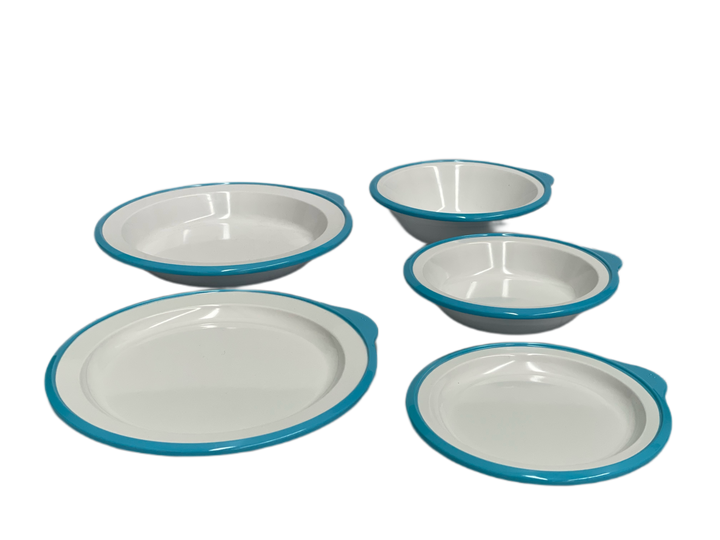 Blue Omni 5-piece adaptive dining ware kit by Euroswift, including plates, bowls, and utensils designed for accessibility.