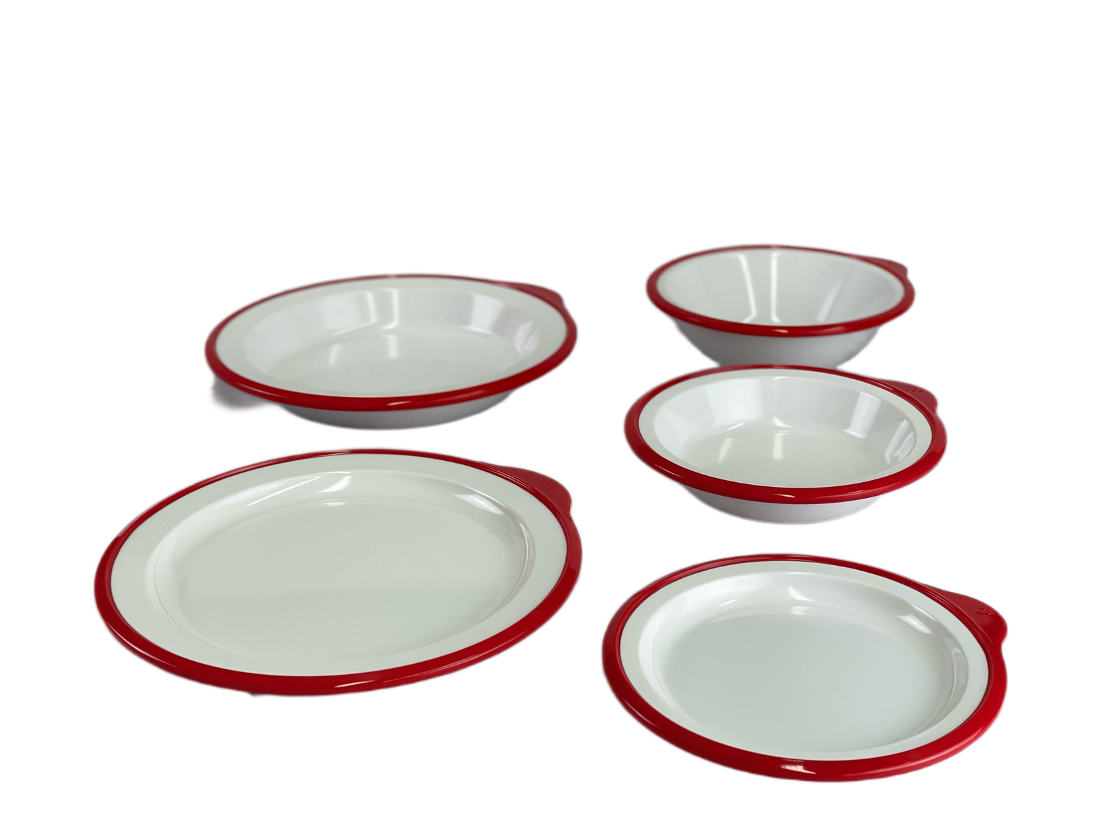Euroswift OMNI 5-piece adaptive dining ware kit with red edge, includes plates, bowls, and utensils for accessible dining.