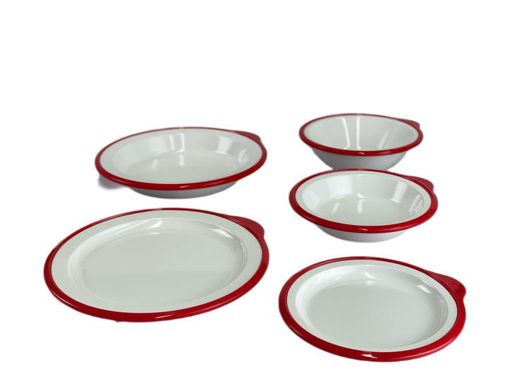 Euroswift OMNI 5-piece adaptive dining ware kit with red edge, includes plates, bowls, and utensils for accessible dining.