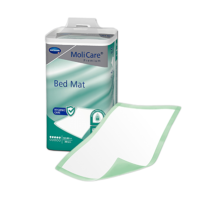 MoliCare Premium Bed Mat 5 Drops, 60x90cm continence bed pad with absorbent layers for discreet incontinence protection.