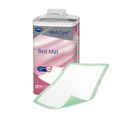 MoliCare Premium Bed Mat 7 Drops, 60x90cm, featuring absorbent design for continence care and bed protection.