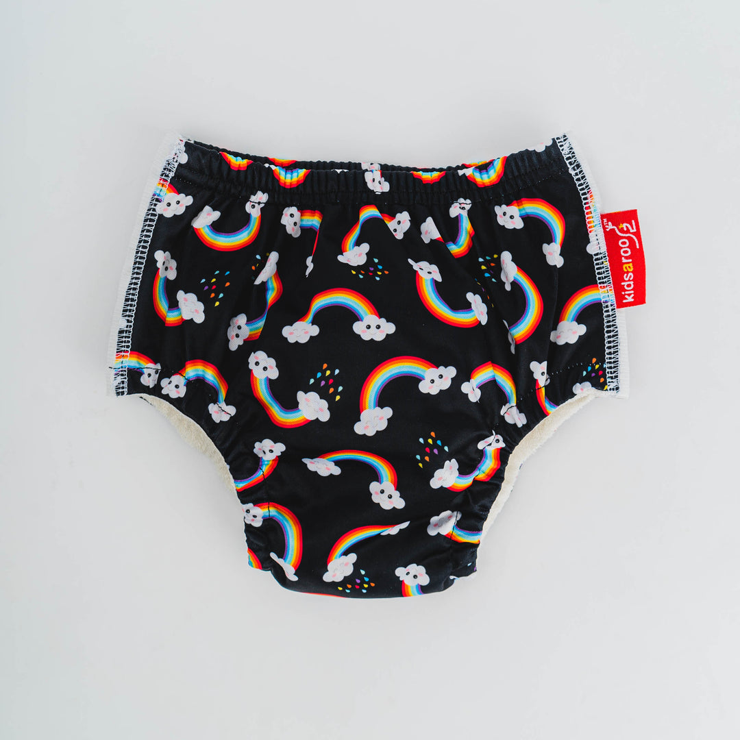 Kidsaroo No Worries Undies featuring a colorful rainbow design, ideal for kids' continence needs.