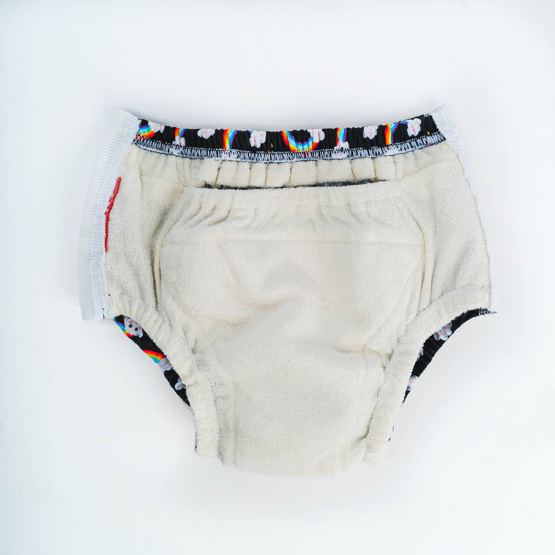 Kidsaroo No Worries Undies featuring a colorful rainbow design, perfect for children's continence needs.