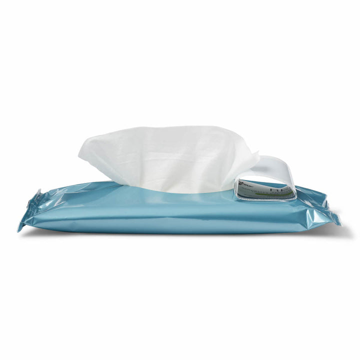 Medline® Readyflush flushable junior cleansing cloths in a package, fragrance-free skin care product for gentle hygiene.