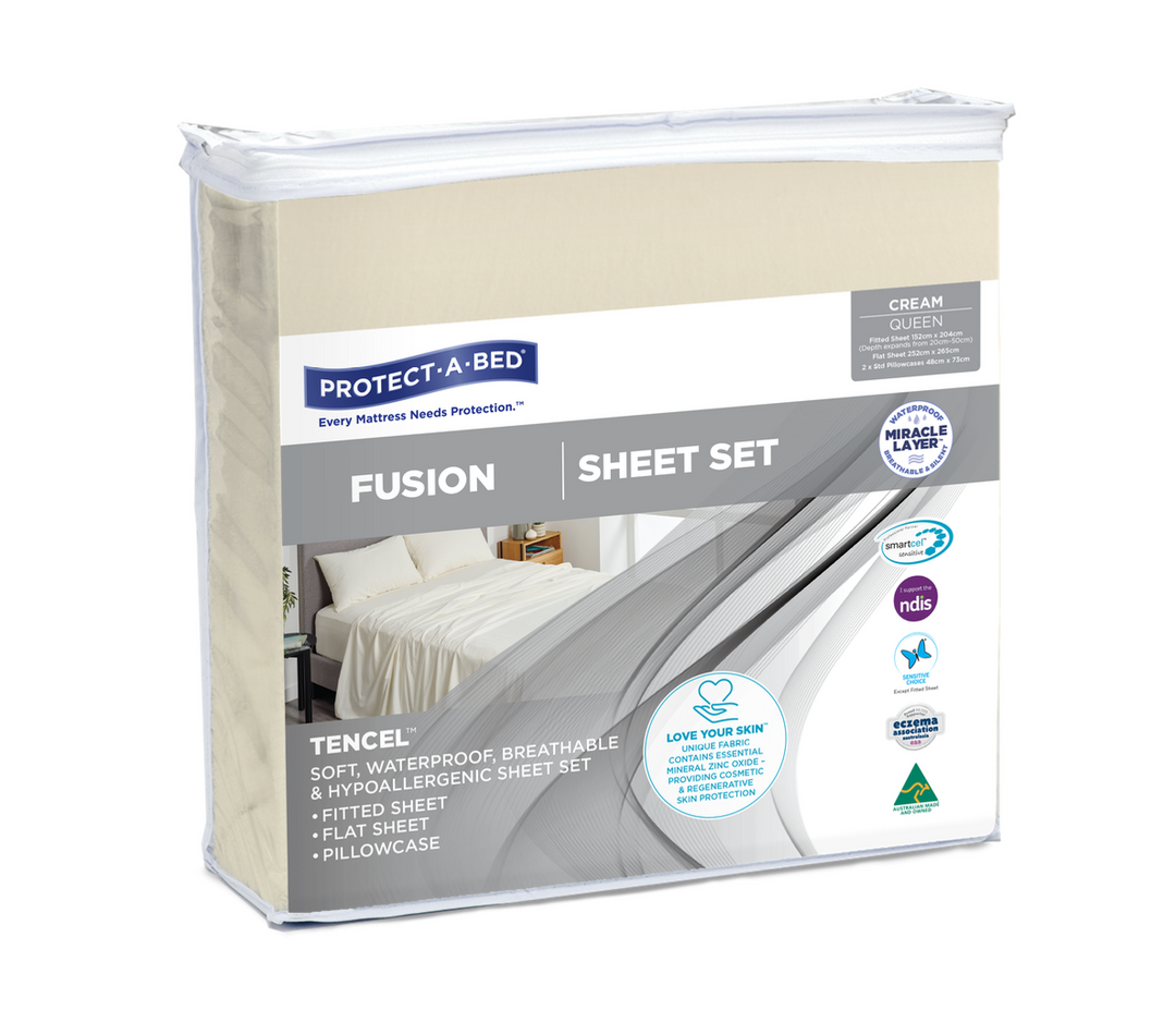 SleepCorp® Protect-A-Bed® Fusion waterproof sheet set in soft fabric, showcasing fitted and flat sheets with pillowcases.