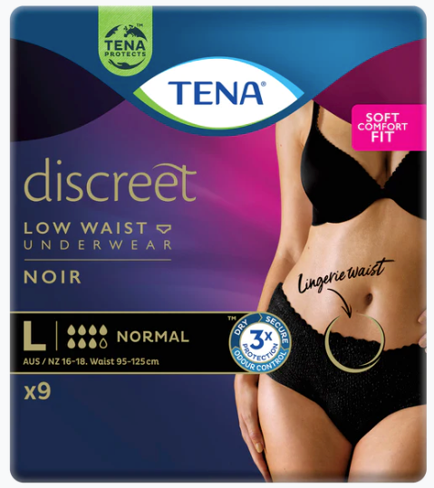Tena Women's Discreet Low Waist Pants in Noir, designed for continence protection and comfort.