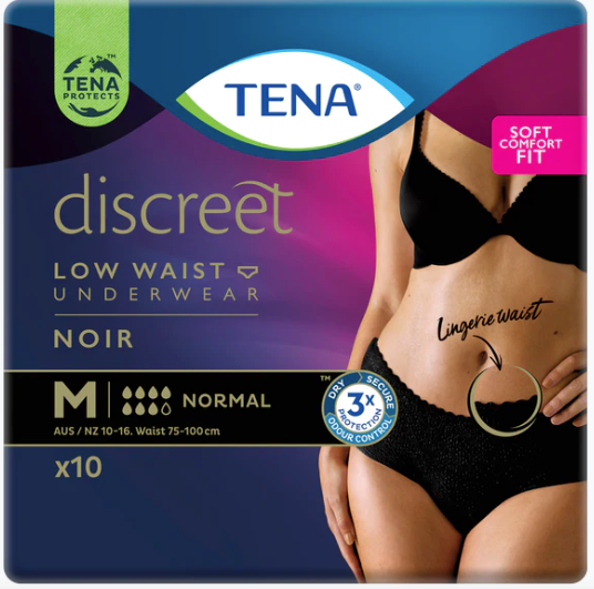 Tena Women's Discreet Low Waist Pants in Noir, designed for continence protection and comfort.