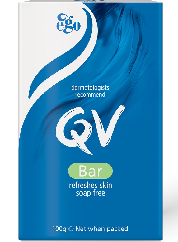 QV Bar by Ego, a moisturizing skin care bar, displayed with a smooth, creamy texture and minimalist packaging.
