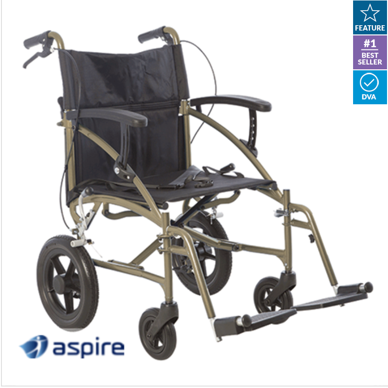 Aspire LITE Transit GOLD mobility scooter in a sleek design, showcasing its compact frame and comfortable seating.