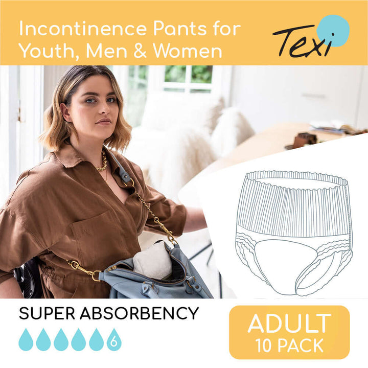Brolly Sheets adult disposable underwear pack with ten pieces, designed for continence protection and comfort.