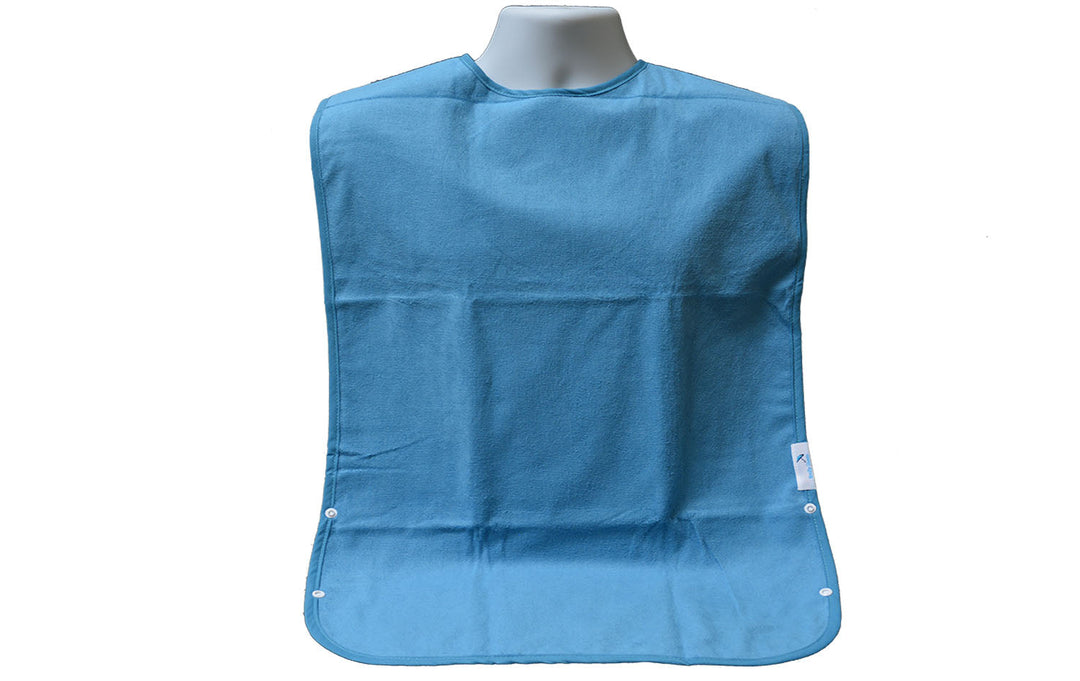 Clear plastic adult washable Brolly Tray Bib from Brolly Sheets, designed for adaptive clothing, with a waterproof tray for protection.