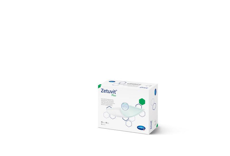 Zetuvit Plus 10x10cm wound care dressing by MoliCare, showing soft absorbent material for effective wound management.