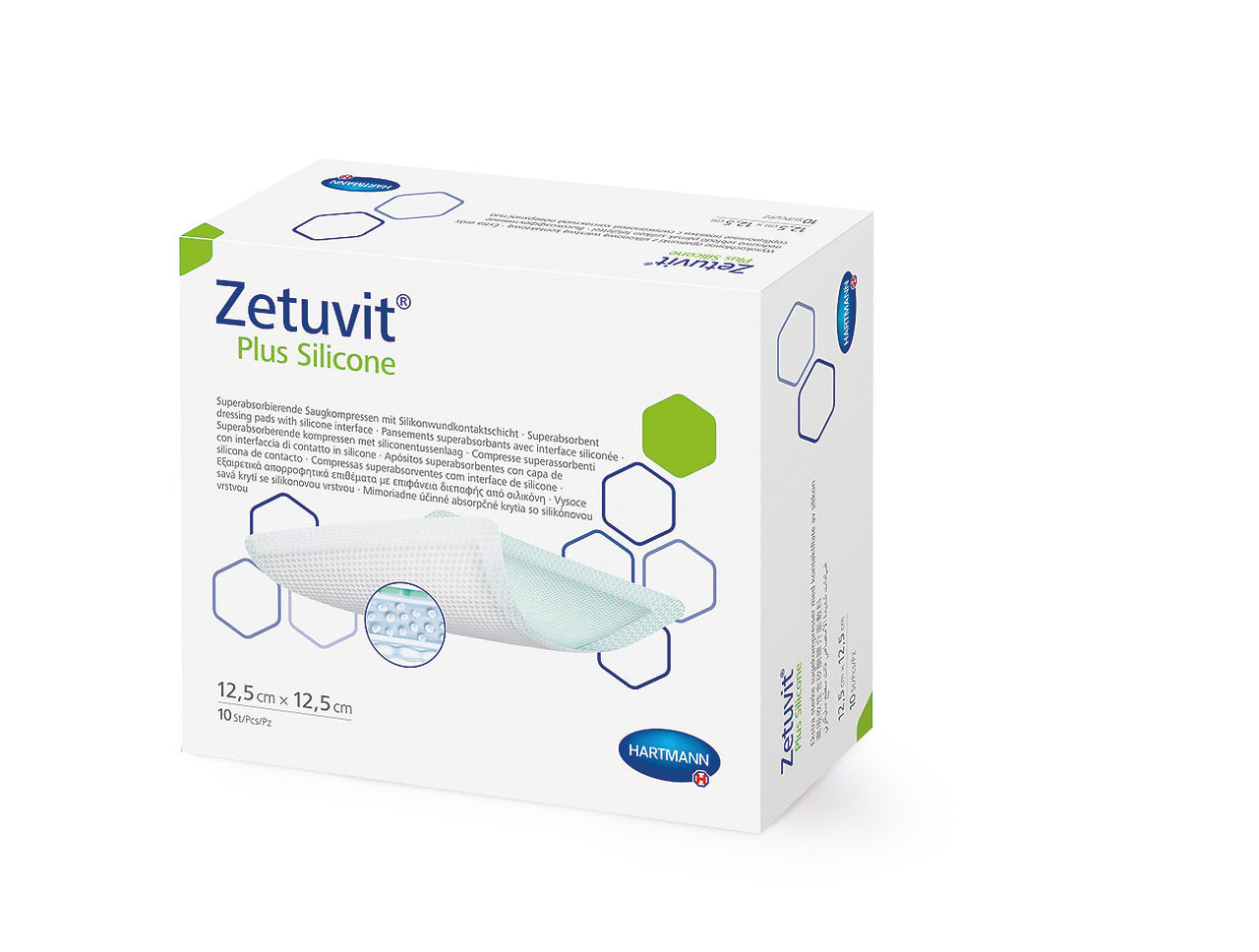 MoliCare Zetuvit Plus Silicone water-resistant wound care dressing, 12.5x12.5cm, showcasing its soft, flexible surface.