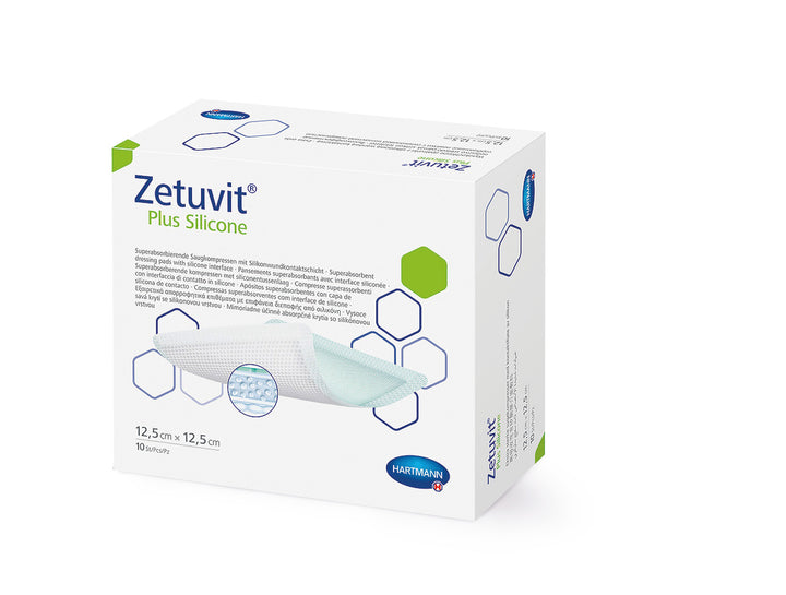 MoliCare Zetuvit Plus Silicone water-resistant wound care dressing, 12.5x12.5cm, showcasing its soft, flexible surface.