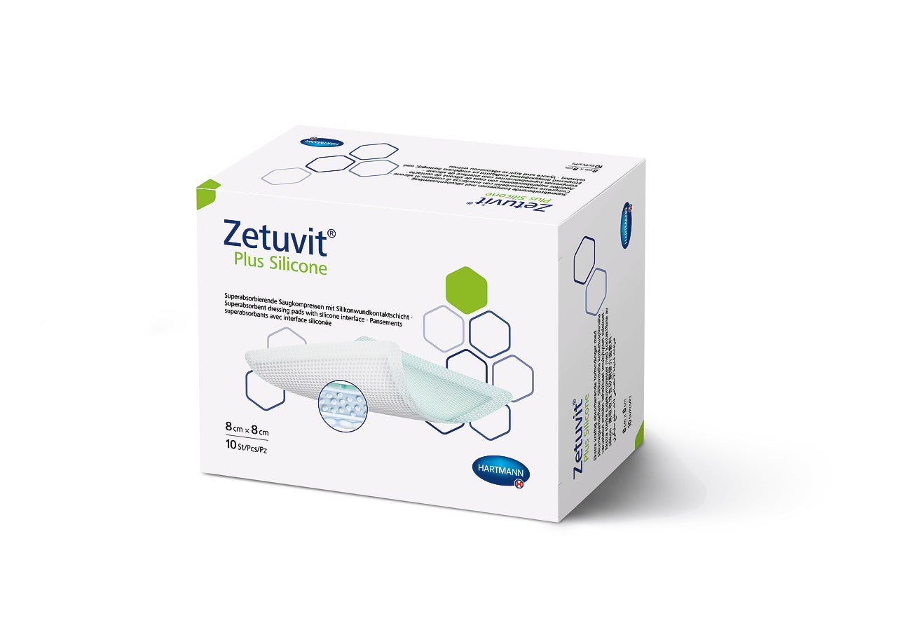 Zetuvit Plus Silicone water-resistant wound care dressing by MoliCare, showcasing an 8x8 cm size and sleek design.