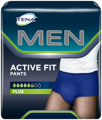 TENA Men Active Fit Pants Plus for incontinence, featuring a comfortable design and secure fit for active men.