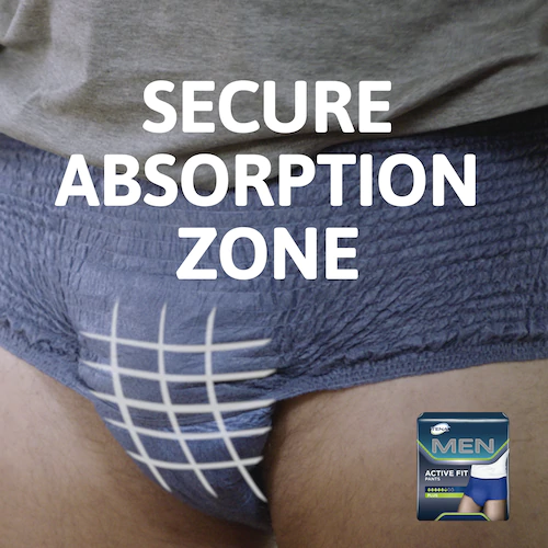 TENA Men Active Fit Pants Plus with absorption zone, designed for men's continence needs and comfort.