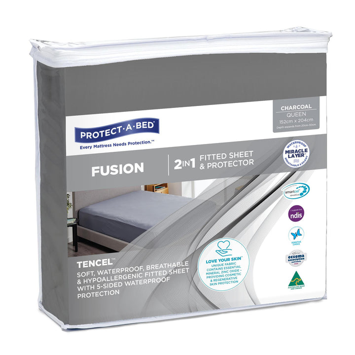 SleepCorp® Protect-A-Bed Fusion 2-in-1 fitted sheet and protector in soft fabric, showcasing its fitted design and texture.